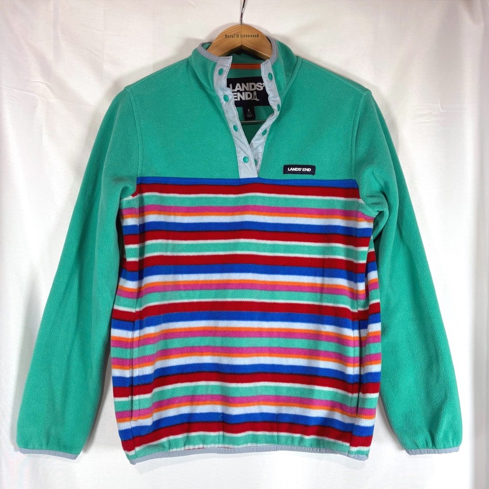 Lands End Women Fleece Pullover Small‎ Teal Striped Snap Neck Lightweight Soft
